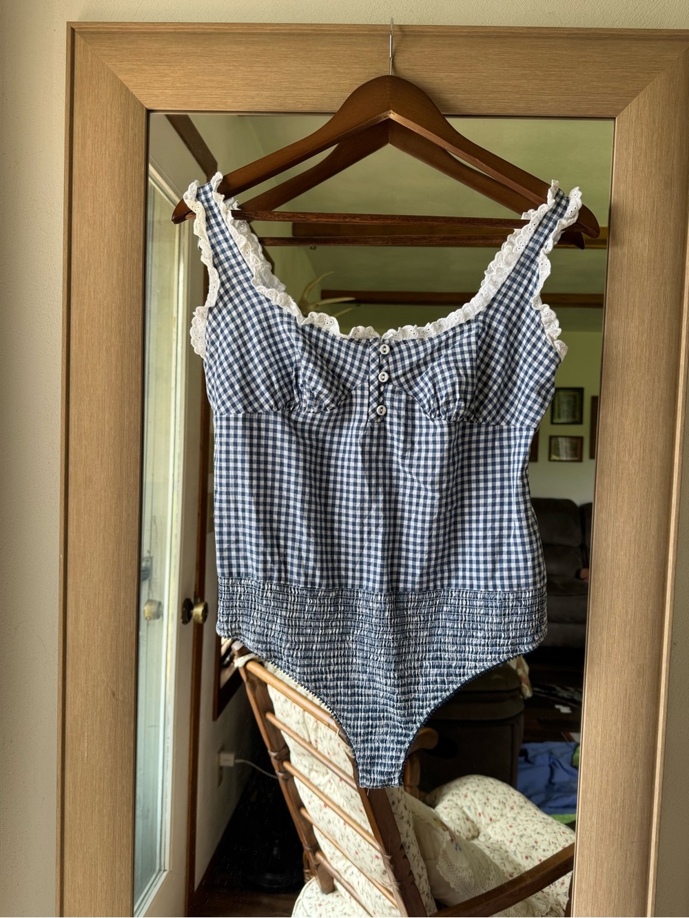 Intimately by Free People Blue Gingham Bodysuit with White Lace Trim Large